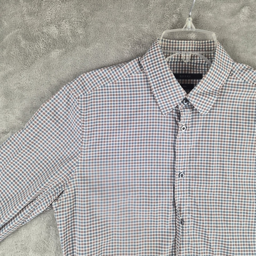 Gucci Shirt Men 39 15.5 White Blue Check Plaid Slim Fit Dressy Cotton Made Italy